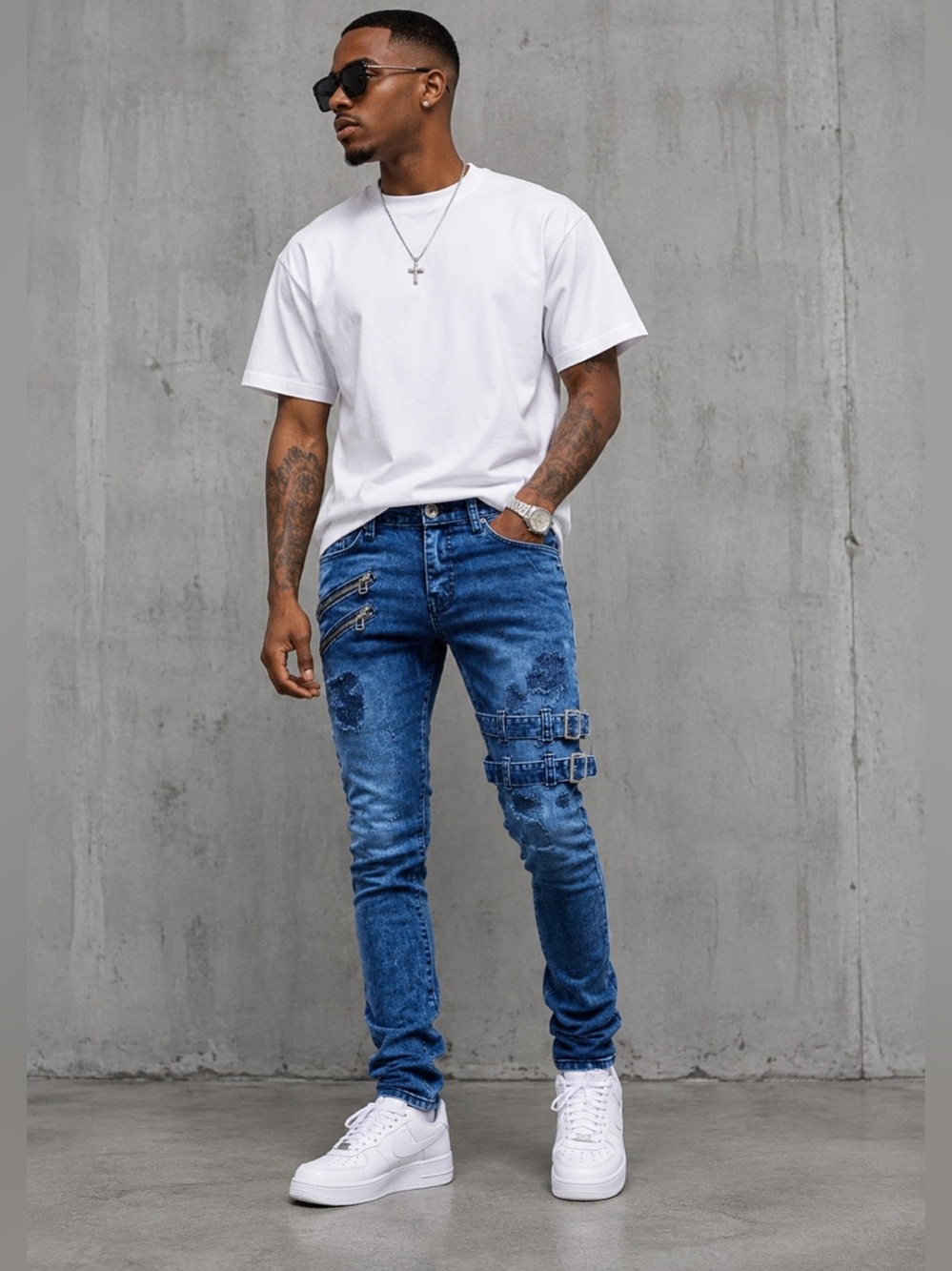 Glitz Men's Blue Skinny Jeans with Buckle Straps